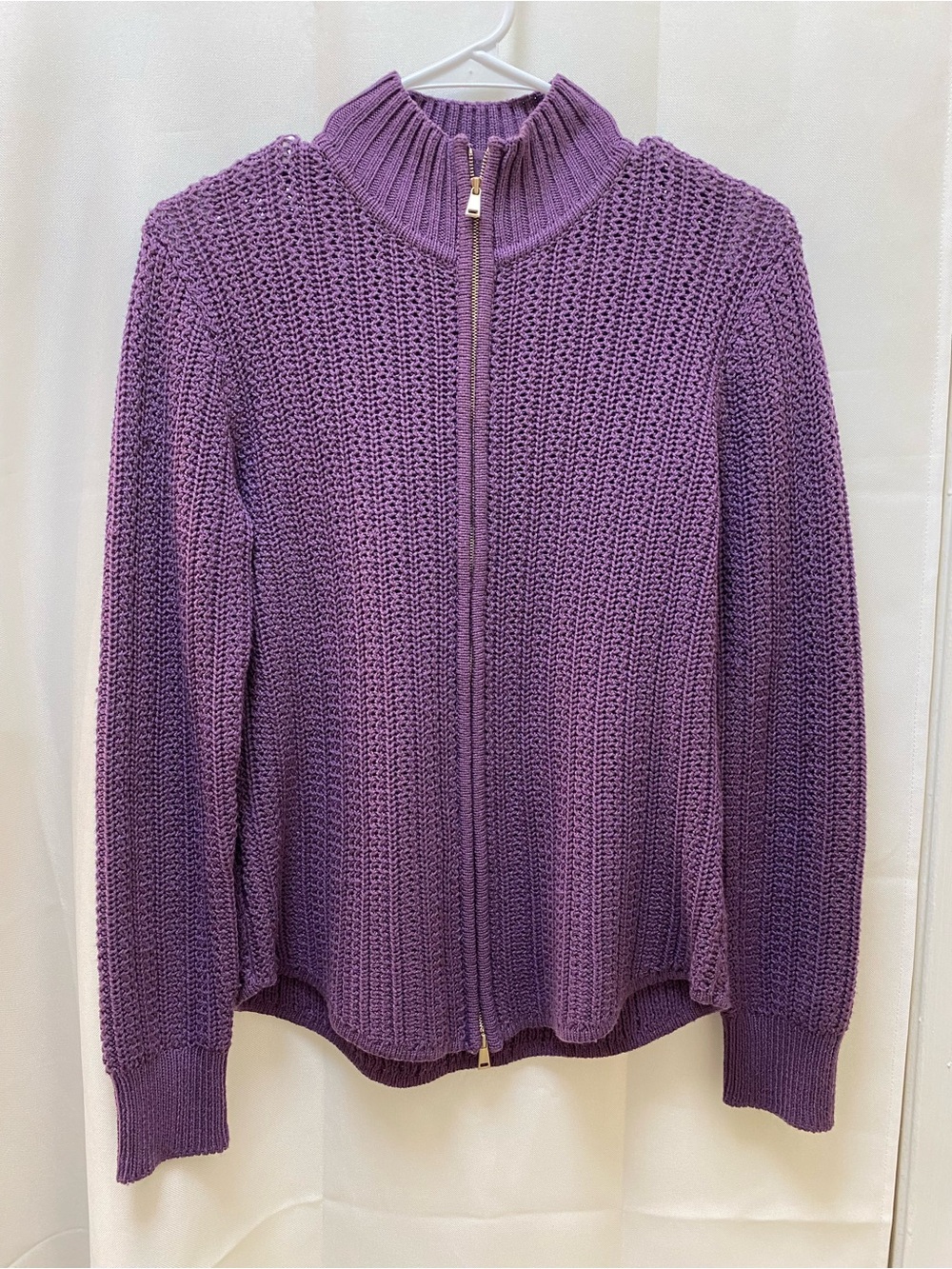 St. John Lavender Zip-Front Ribbed Knit Sweater